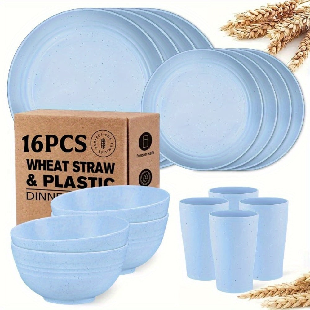 Wheat Straw Dinnerware Set 16 or 32 Piece ¨C Plates & Bowls for 4 or 8 People, Microwave & Dishwasher Safe Plastic Dish Set, Lightweight Colorful Tableware for Home, Party & Holiday