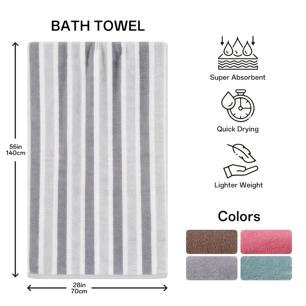 Striped Bath Towel Set 1 or 4 Pack 346GSM - 100% Polyester Super Soft Skin Friendly Absorbent Quick Dry | 70x140cm 27.6x55.1in | Green Gray Red Multi-Color | Home Bathroom Beach Essentials