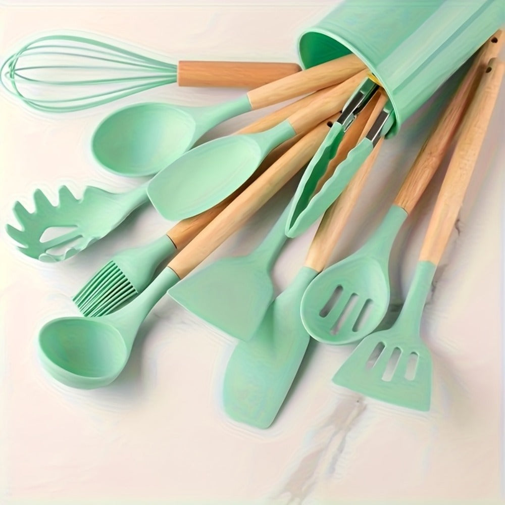 Silicone Kitchen Utensil Set 13 Piece with Wooden Handles Non-Stick Safe Heat Resistant Cooking Tools Spatula Spoon Ladle Set for Cooking Baking Dorm Essentials