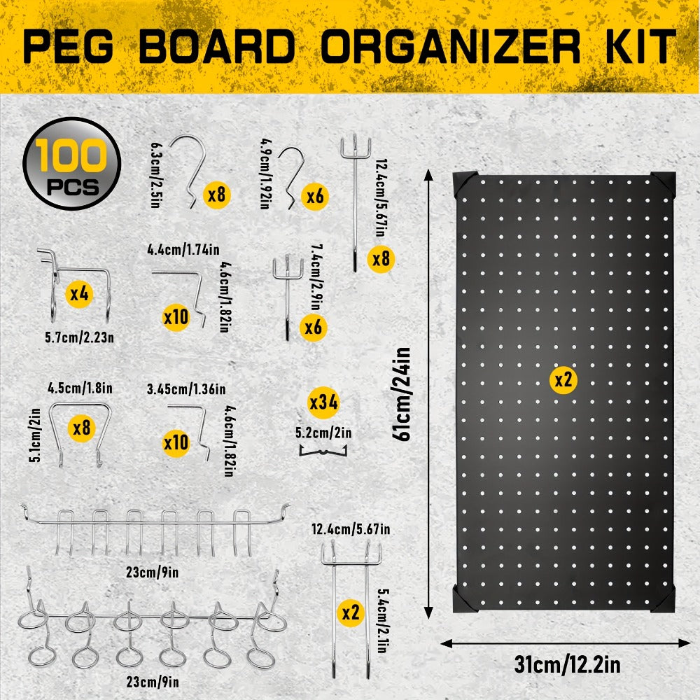 Black Metal Pegboard Wall Organizer Set with Hooks 66/100pcs, 12x24 Inch Heavy Duty Wall Mounted Pegboard Kit for Garage Workshop Tool Storage, Includes Paper Towel Holder & Workbench Accessories