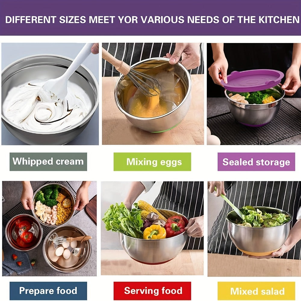 Stainless Steel Mixing Bowls with Airtight Lids 20-Piece Set ¨C Non-Slip Silicone Bottom, Nesting Bowls in 7 Sizes (0.67¨C7 QT) for Mixing, Baking & Serving ¨C Kitchen Bowl Set with Lids