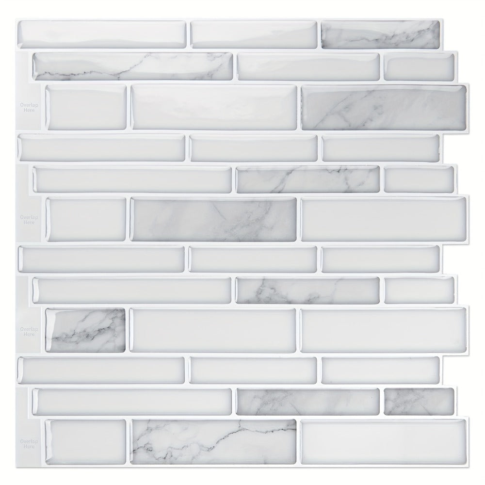 Peel and Stick Backsplash Tile Stickers 10-Sheet - White Marble Self Adhesive Wall Tiles for Kitchen & Bathroom, No Grout DIY Stick On Tiles | Heat & Moisture Resistant, Easy Install Backsplash