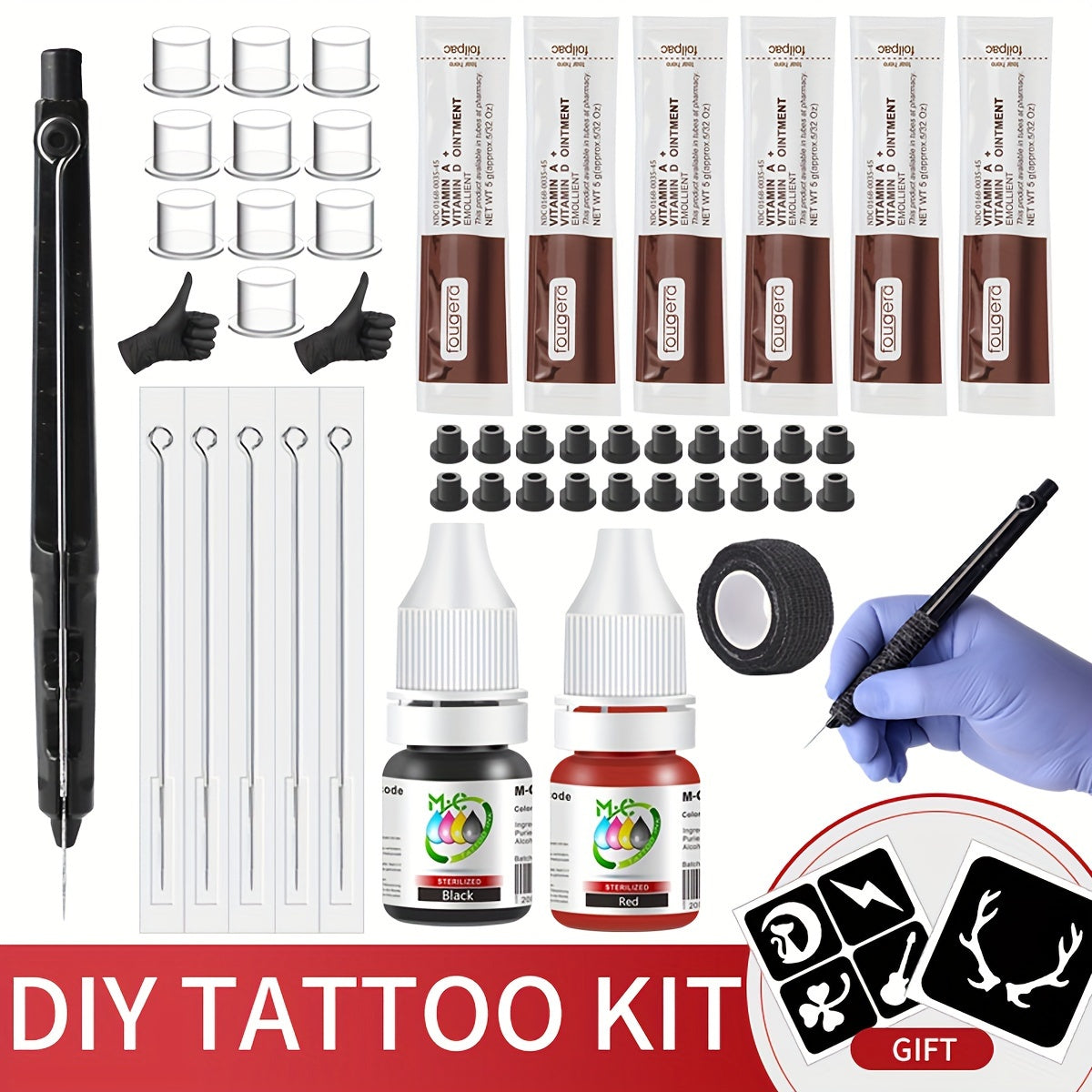 Hand Poke Tattoo Kit Complete 3D Body Art Stick and Poke Pen Set with Ink Needles and Guide for Beginners to Experts Professional DIY Tattoo Supplies Safe Home Use