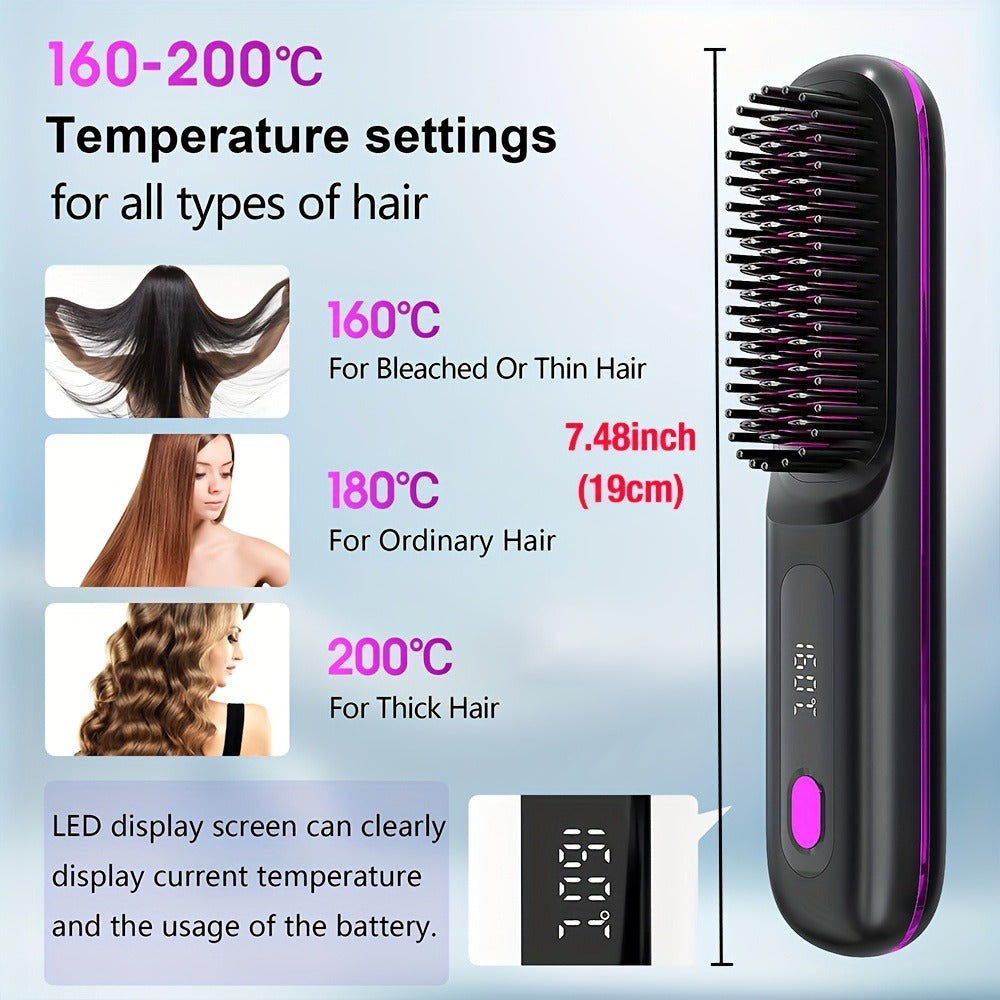 Cordless Hair Straightener USB Rechargeable - 3 Temperature Controls, LED Display, Long-Lasting Shine, Lightweight Travel Flat Iron with Comb & Clips, Portable Mini Hair Straightener for Women