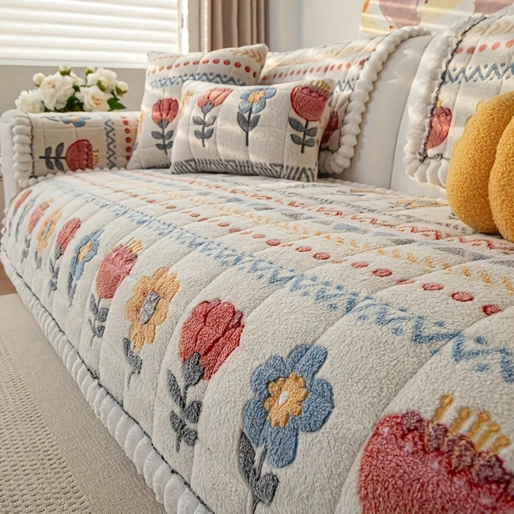 Bohemian Floral Quilted Sofa Cover - Thick Milk Fleece Warm Cozy Couch Protector Machine Washable with Ruffle for 2 3 4 Seater Living Room Decor, White