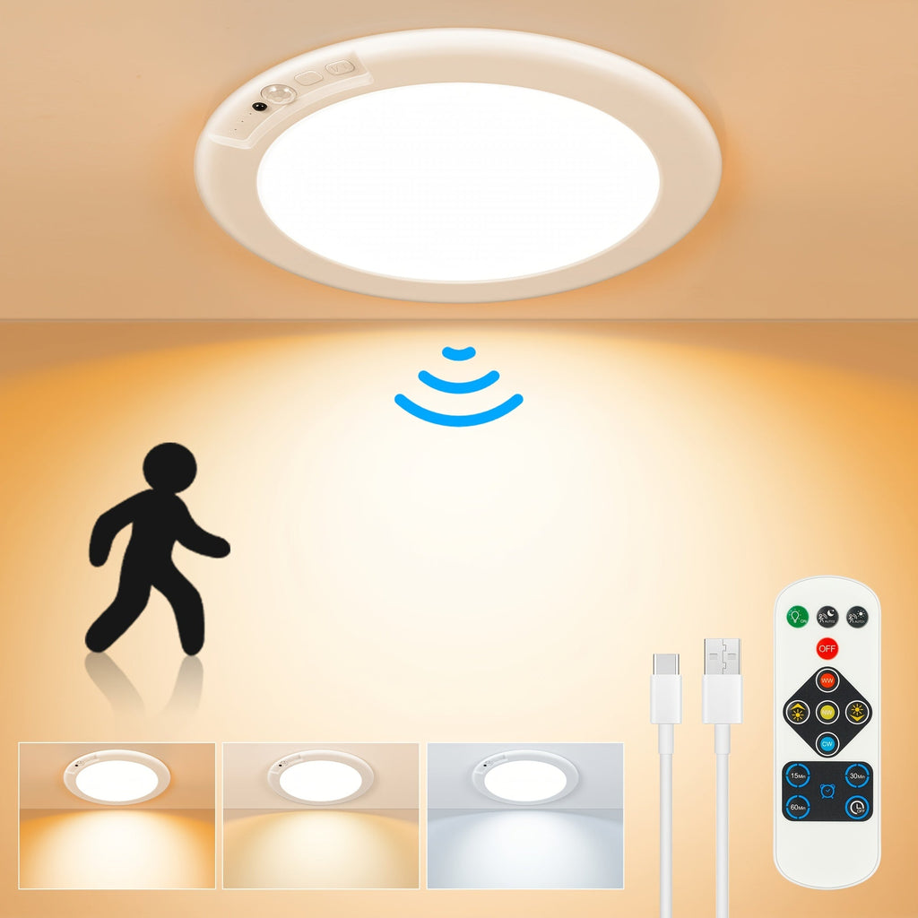 Rechargeable LED Ceiling Light with Motion Sensor ¨C Remote Control Dimmable, 3 Color Temps 3000K/4500K/6500K, 10 Brightness Levels, Battery Operated Closet Light for Bathroom Hallway Pantry Porch