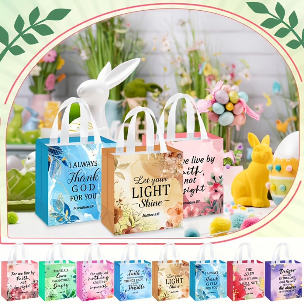 Religious Gift Bags with Handles Bulk 32 or 64 Pcs Bible Verse Flower Designs Reusable Non-Woven Tote Bags for Church Wedding Birthday Party Women Girls