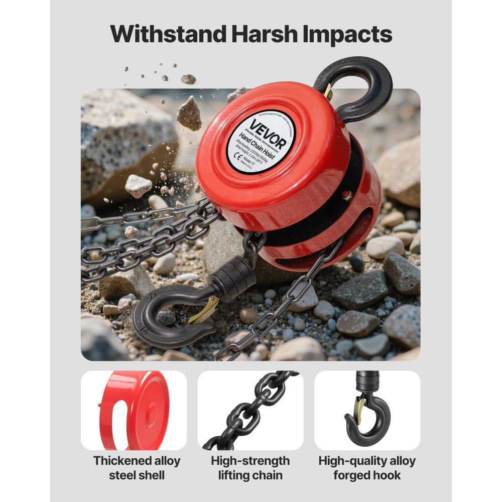 Hand Chain Hoist 2200 lb / 4400 lb Manual Chain Block with G70 Chain ¨C 8 ft / 10 ft / 20 ft Lift Height, 360¡ã Rotating Hooks, Security Brake, for Garage, Construction & Warehouse Lifting