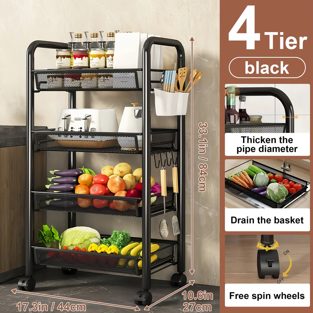 Rolling Storage Cart on Wheels ¨C 3/4/5 Tier Carbon Steel Wire Basket Trolley, Black Metal Utility Cart for Kitchen, Bathroom, Bedroom, Office & Living Room, Space-Saving Detachable Shelving Unit