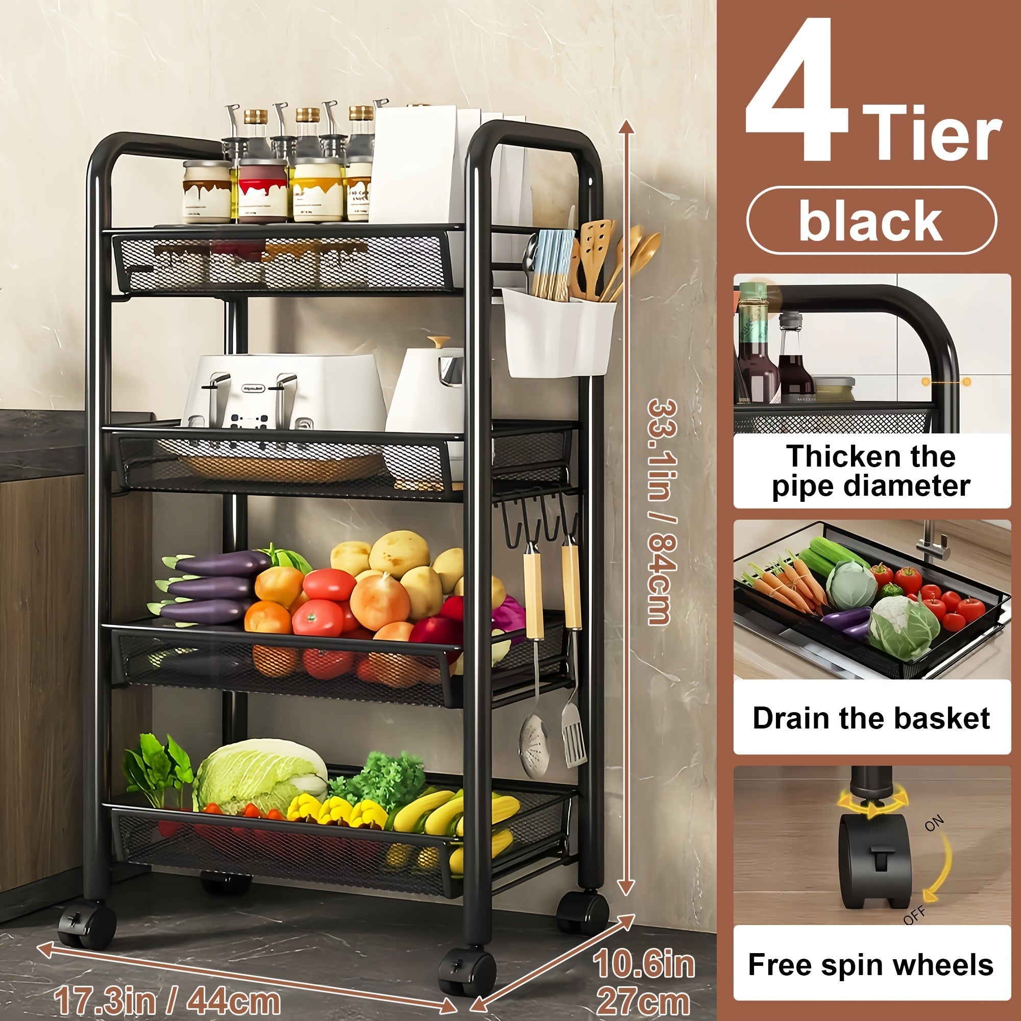 Rolling Storage Cart on Wheels ¨C 3/4/5 Tier Carbon Steel Wire Basket Trolley, Black Metal Utility Cart for Kitchen, Bathroom, Bedroom, Office & Living Room, Space-Saving Detachable Shelving Unit