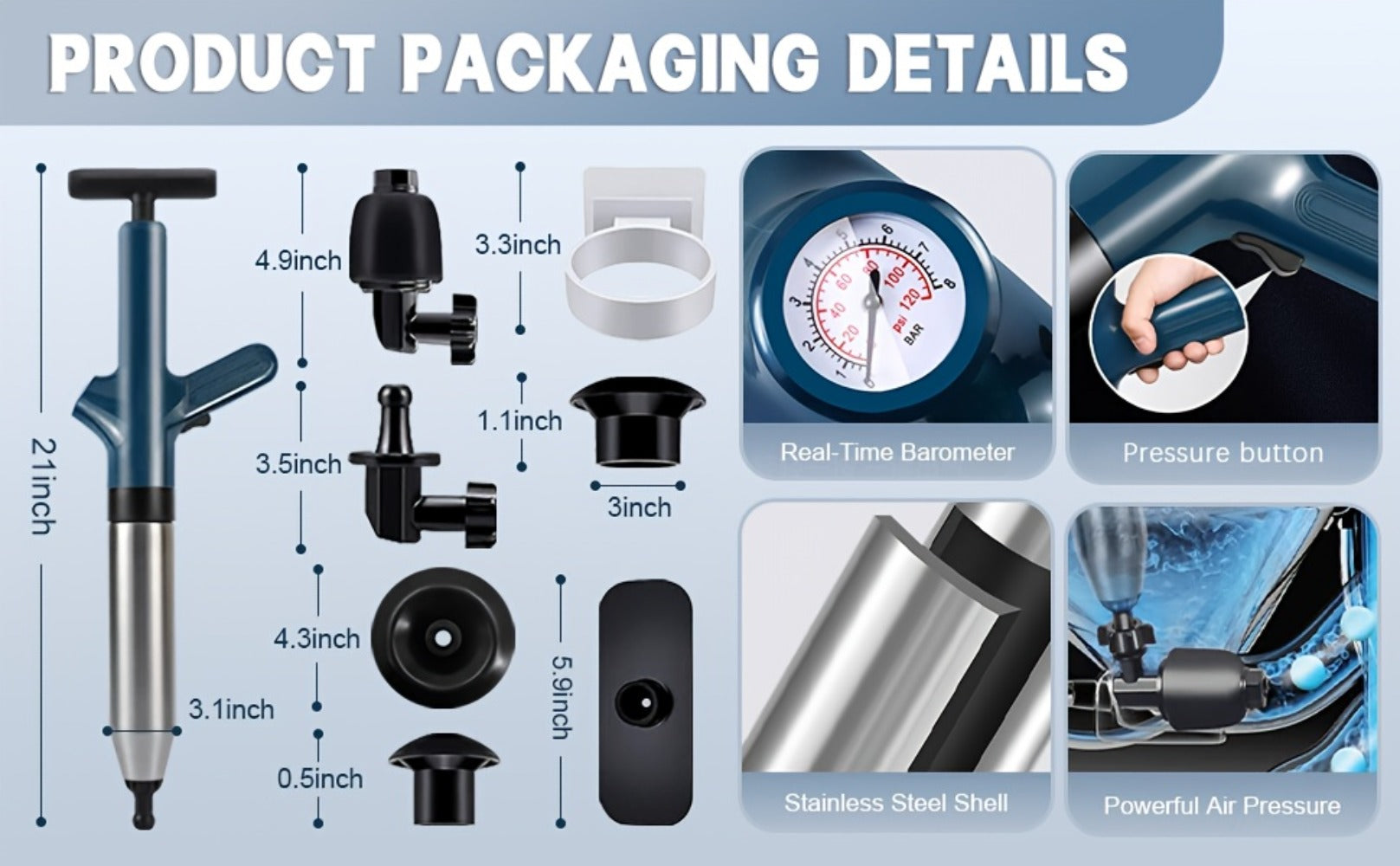 Toilet Plunger Set High Pressure Air Drain Unclogger - Stainless Steel Toilet Snake & Air Discharge Impactor for Clogged Toilet, Kitchen Sink, Bathroom Drain & Pipe Blockage Removal