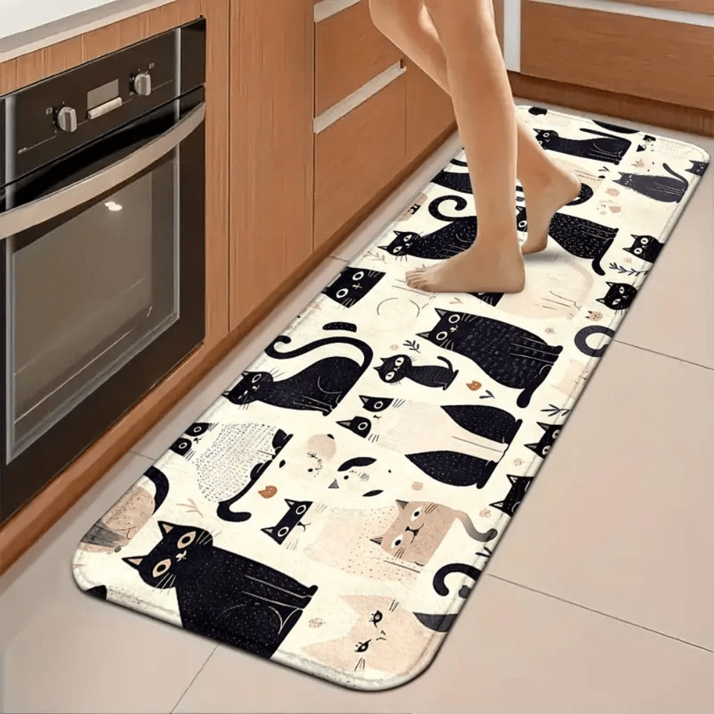 Cat Pattern Non-Slip Flannel Floor Mat Washable Soft Rug with Anti-Slip Backing - Black White Playful Cat Design for Kitchen Entryway Dining Room Bedroom Bathroom, Hand Washable Home Decor Floor Mat