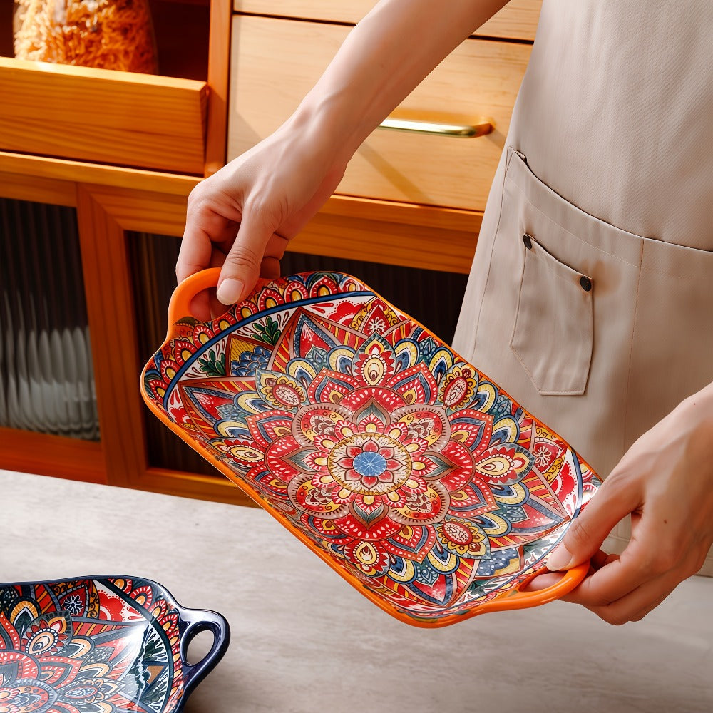 Ceramic Serving Platter Set of 4, Bohemian Rectangular Fish Dish with Double Handles, Baking Tray for Sushi Pasta Desserts Salads Fruits, Ideal for Family Gatherings Picnics Restaurants
