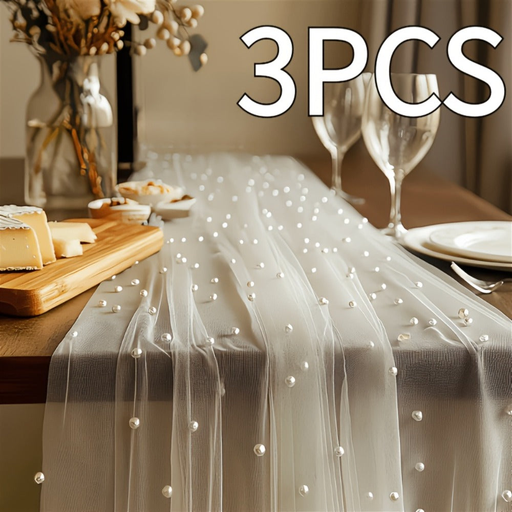 White Pearl Beaded Tulle Table Runner 2.5¡Á9.8ft | Wedding Ceremony Backdrop, Birthday Party & Valentine's Day Romantic Decor, Sheer Mesh Fabric 3PCS