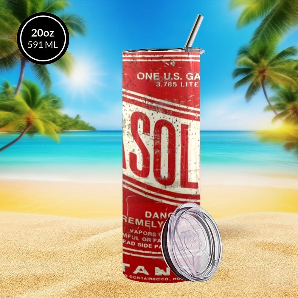 Insulated Tumbler Vintage Gasoline Can Design 20oz - Stainless Steel Travel Mug with Lid & Straw, Double Wall Coffee Cup for Hot Cold Drinks, Camping Drinkware, Unique Gift