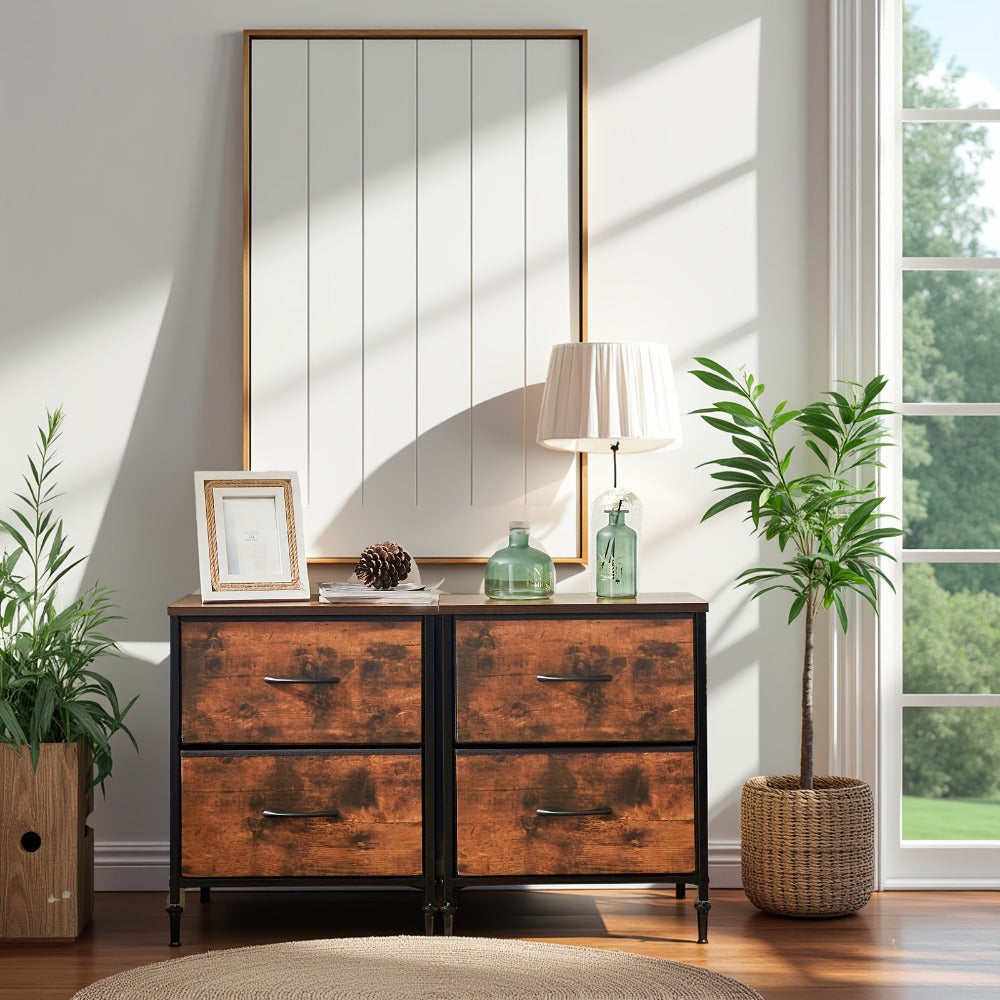 Nightstand with 2 Storage Drawers, 20¡± Bedside Table with Wooden Top & Fabric Cabinet, Steel Frame Mini Dresser for Bedroom, Dorm, Living Room ¨C 1pc or Set of 2pcs, Black White Grey Rustic Brown
