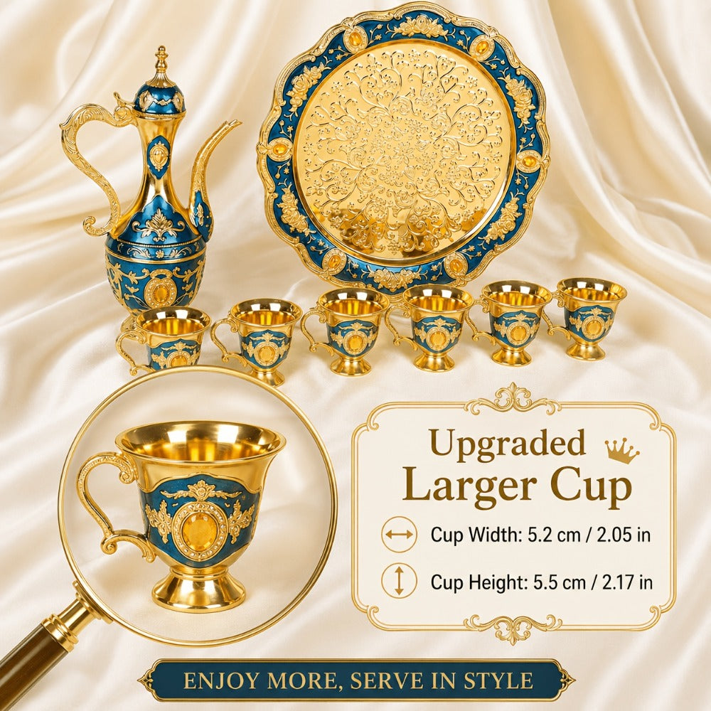 Vintage Turkish Coffee Tea Set ¨C Zinc Alloy Teapot, 6 Cups & Tray | European Style Luxury Gift Set for Tea, Coffee & Cappuccino