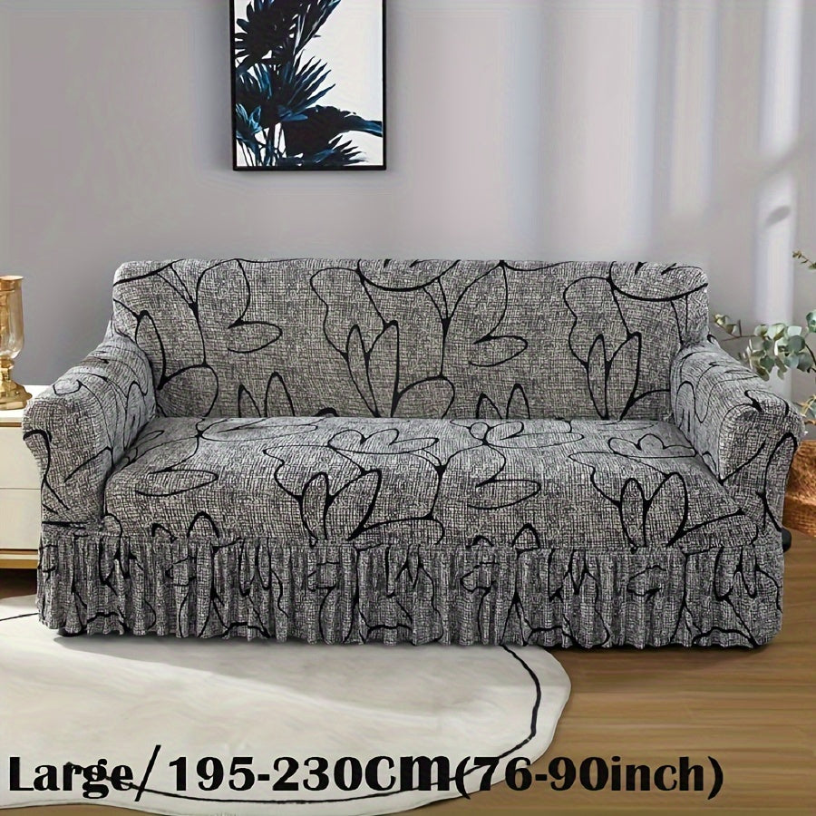 Printed Sofa Cover with Skirt Elastic Four Seasons Universal Furniture Protective Slipcover for Bedroom Office Living Room - 1 2 3 4 Seater Gray
