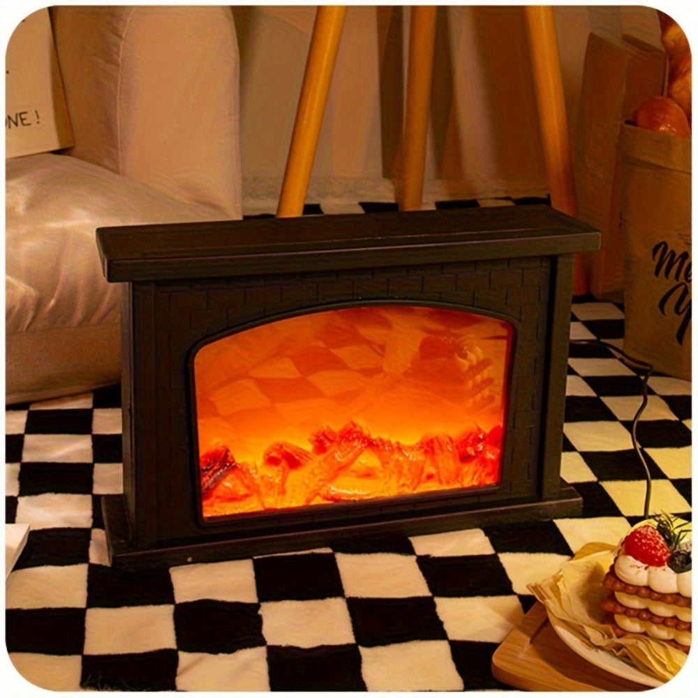 Simulated Charcoal Flame Fireplace Light, Battery & USB Powered Vintage Indoor Mood Light for Christmas Halloween Patio Decoration, Square Tabletop Fireplace Ornament
