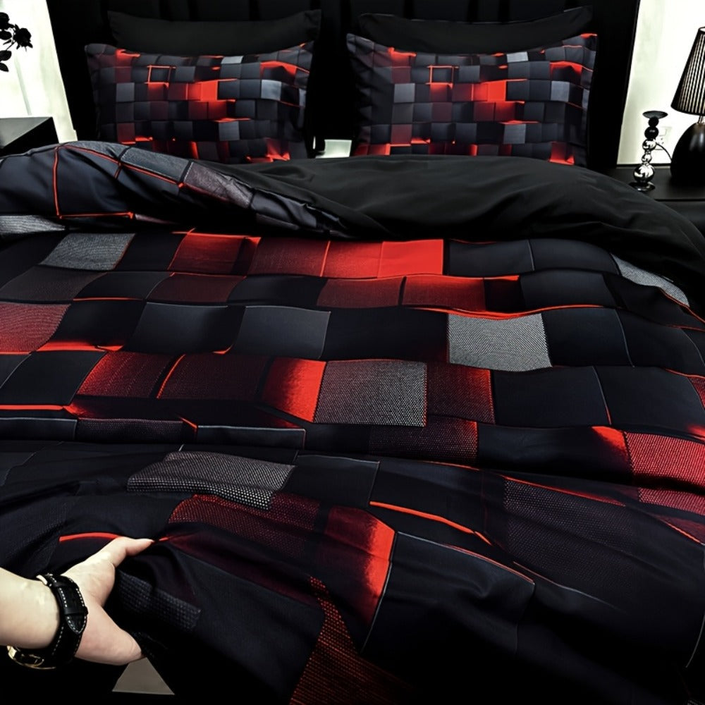 Duvet Cover Set 3 Piece Plaid Digital Print Polyester Bedding All Season Twin Full Queen King Size with Pillowcases Purple Blue Red