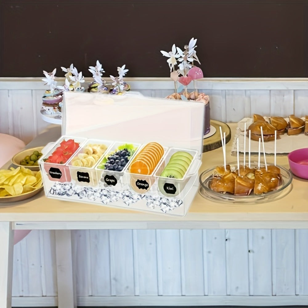 Fruit Salad Bowl with Lid and 5 Compartments, Portable Chilled Serving Tray with 5 Forks and 2 Tongs, Detachable Fruit Storage Box for Party Entertaining Bar Decoration Buffet Table