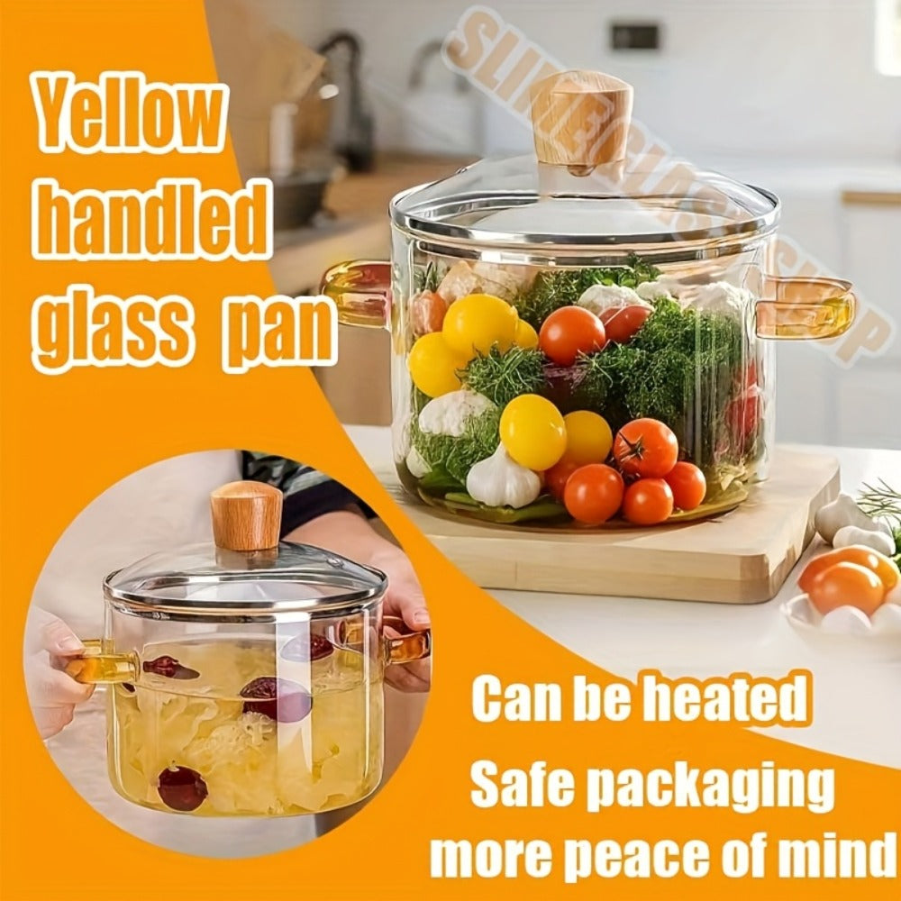 Borosilicate Glass Pot with Lid 50oz Stovetop & Microwave Safe ¨C Double Heat-Resistant Handles for Soup, Milk & Porridge | Transparent Glass Saucepan Kitchen Cooker with Yellow or Green Handle