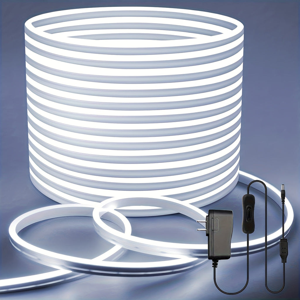 Neon LED Strip Lights 10m 32.8ft IP65 Waterproof with Power Adapter, 24V Flexible Neon Light Strip in White, Warm White, Ice Blue & Pink, for Bedroom, Living Room, Kitchen, Staircase, Indoor & Outdoor Decor