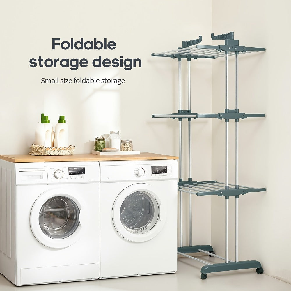 Clothes Drying Rack 4-Tier Foldable Metal Laundry Rack with Rolling Casters, Holds 30+ Garments, Adjustable Shelf Heights, Freestanding Collapsible Clothes Dryer Stand for Bedroom Bathroom Nursery Small Spaces