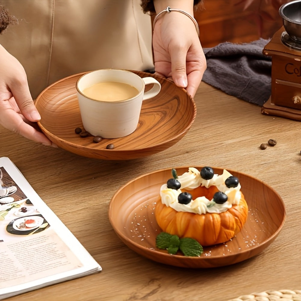 Wood Grain Plastic Dinner Plates Set of 10 - 7.8 Inch Salad Serving Plates for Kitchen Dining Table