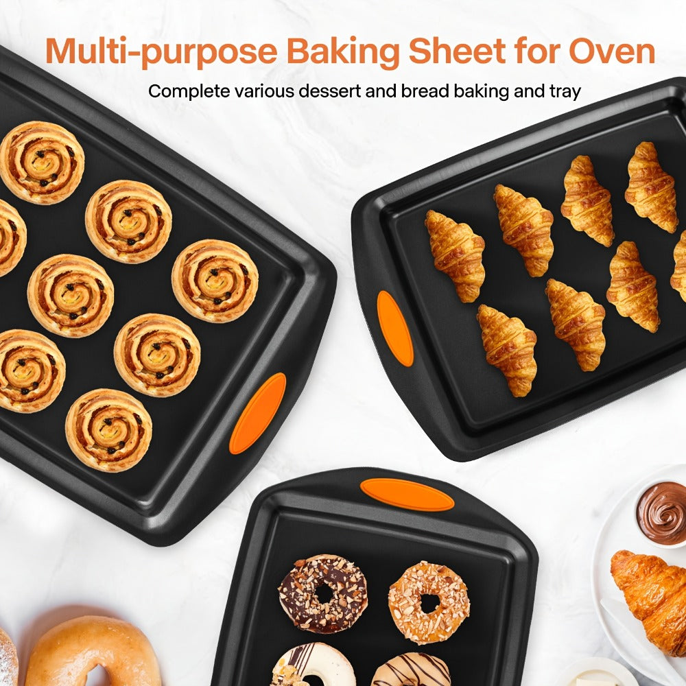 Nonstick Baking Sheet Set with Silicone Handles, Carbon Steel Cookie Sheet Pan Set in Assorted Sizes, Stackable Bakeware for Baking Roasting, Heavy Duty Oven Pans with Orange Handles, 2-Piece or 6-Piece