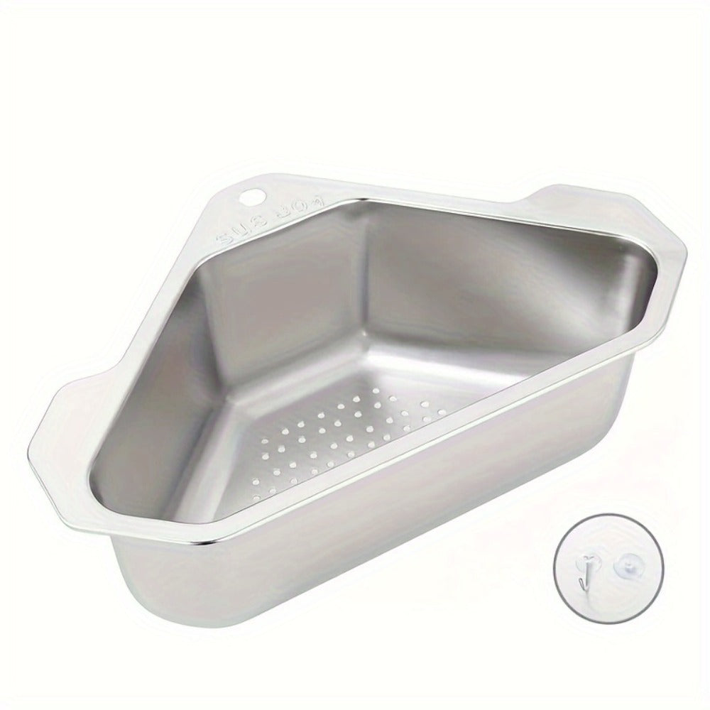 Kitchen Drain Strainer Basket 304 Stainless Steel Triangular Corner Sink Filter ¨C Food Scrap & Leftover Catcher for Kitchen Sink & Wash Basin, Rust-Proof Easy Clean Drain Basket Silver