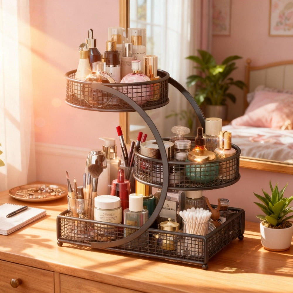 3-Tier Metal Makeup Organizer with Round Baskets Anti-Rust Vanity Storage Rack with Tissue Holder Space Saving Cosmetic Organizer Gift for Women