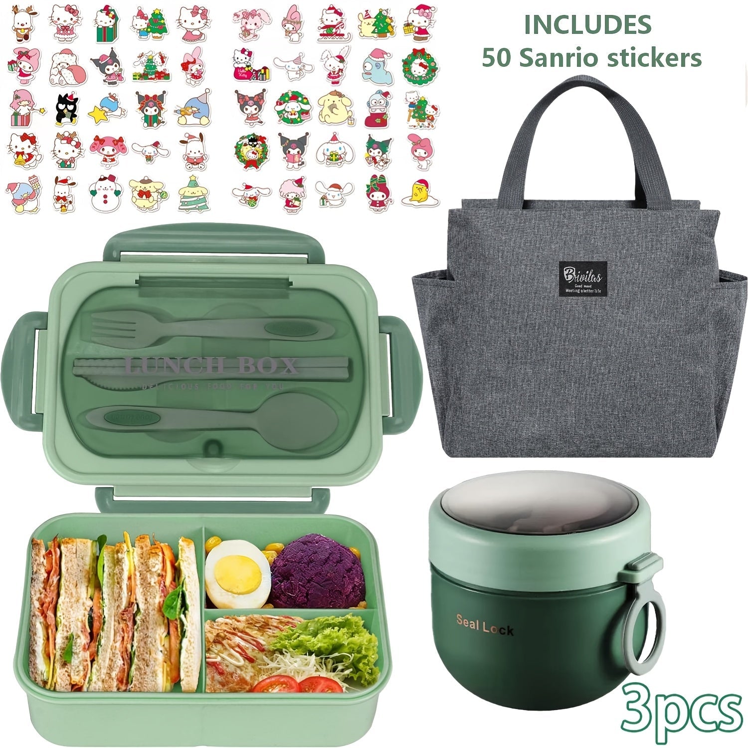 Sanrio Lunch Box Set 53pcs Bento Box with Thermal Bag Breakfast Cup Portable Sealed Compartment Microwave Dishwasher Safe for Work Picnic School