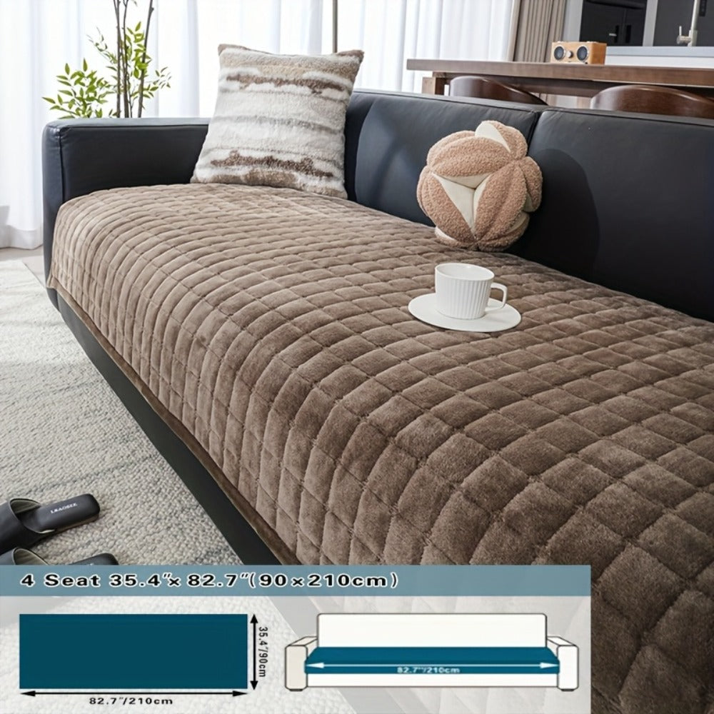 Sofa Cushion Cover Flannel Non-Slip Bohemian Style Soft Plush Couch Cover - Machine Washable Solid Color Slipcover for 2/3/4-Seater Sofa Living Room Bedroom Office, Coffee Gray White, Easy Care