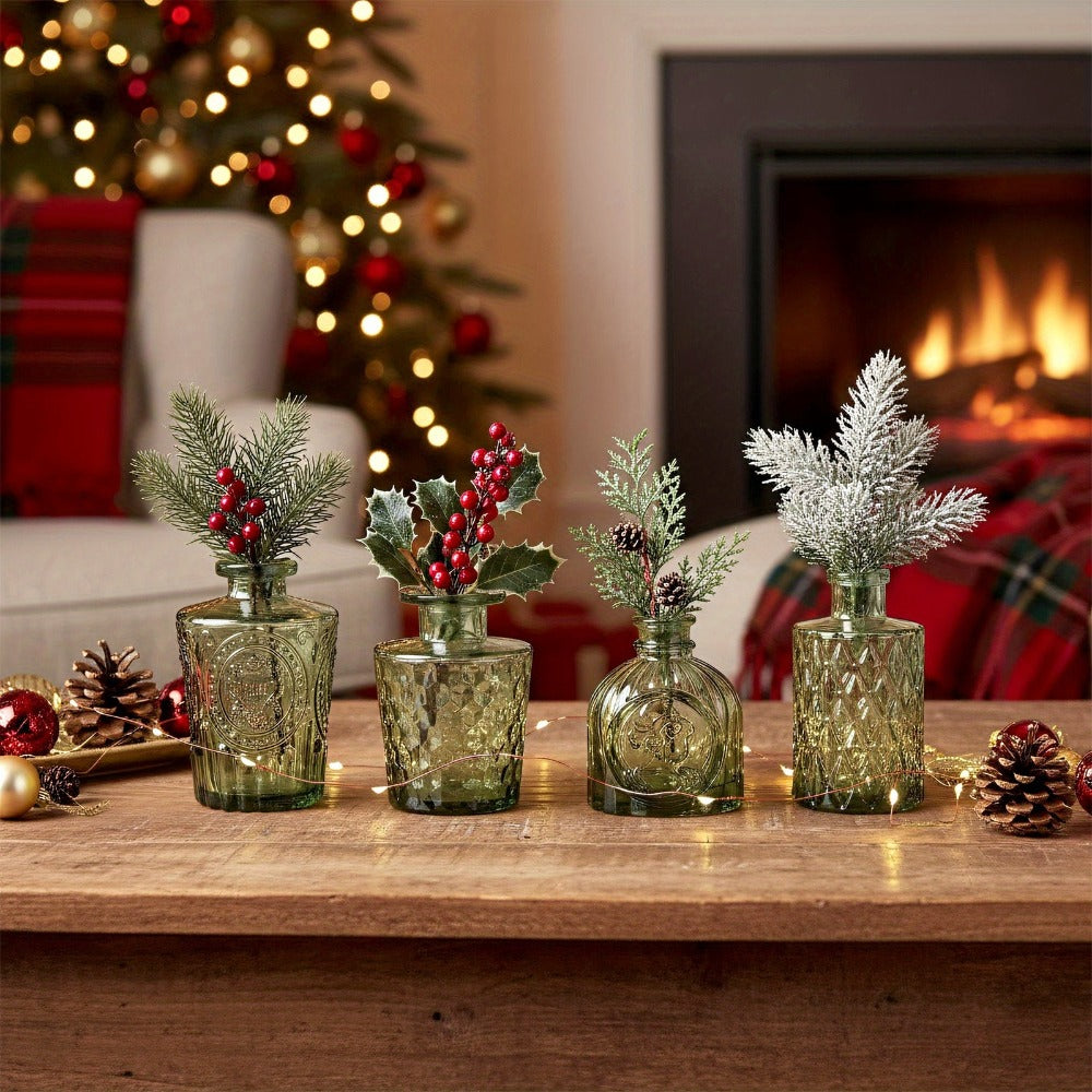 Mini Glass Vases Bulk Set 14pcs Gradient Green Relief Flower Bottles for Wedding Centerpiece Home Dining Table Party Decor Halloween Christmas