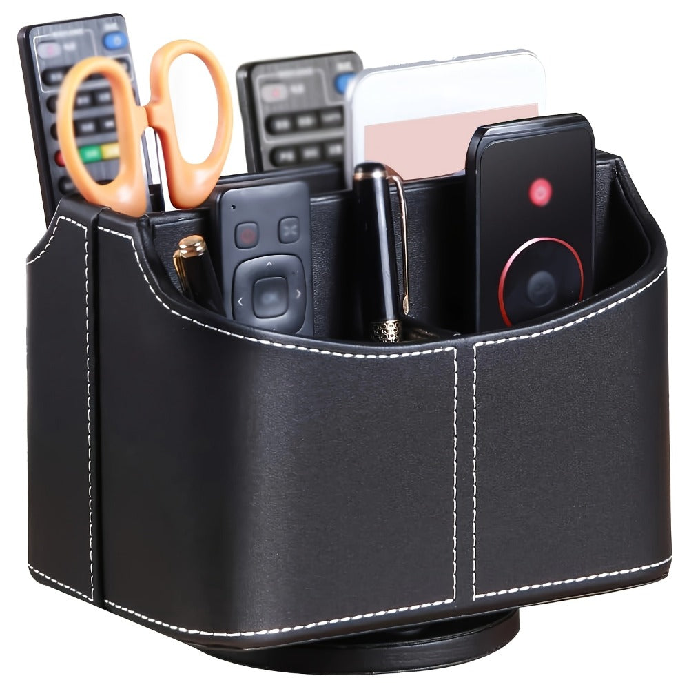 360¡ã Swivel Remote Control Holder with 5 Compartments ¨C PU Leather Desktop Organizer Caddy for TV Remotes, Phones, Glasses, Cosmetics & Stationery, Rotating Storage Box for Home Office Nightstand