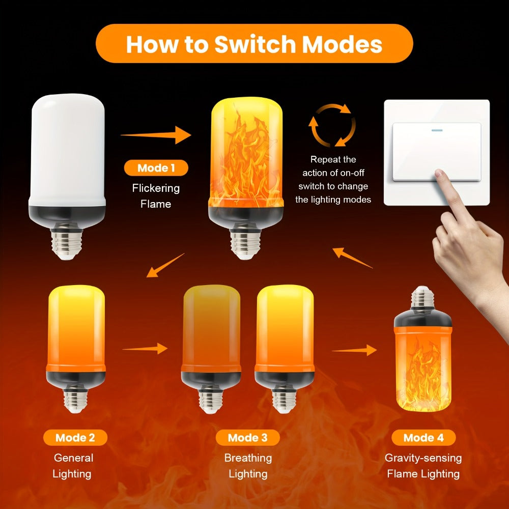 Flame Effect Light Bulb E26 Gravity Flicker 51 LEDs 3W with 4 Modes ¨C Fire Effect Flickering Bulb for Christmas Halloween Indoor Fireplace Decor Atmosphere Lighting, Yellow, 2-Pack