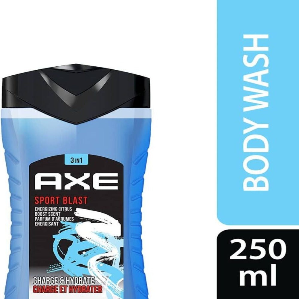 AXE Body Wash for Men 3 Pack Sport Blast Scent 250ml Each Energizing Daily Shower Gel Long Lasting Fragrance Skin Cleansing Value Set