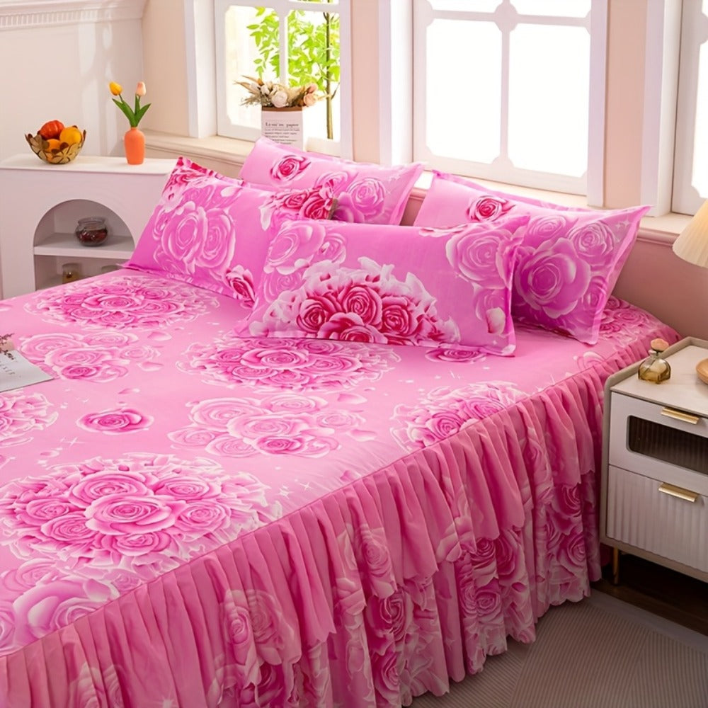 Floral Bed Skirt Set 3-Piece ¨C 1 Ruffled Dust Ruffle Bed Skirt + 2 Pillowcases | Peony & Botanical Print | Double-Layer Hem | Machine Washable Polyester Bedding | 150, 180 & 200cm