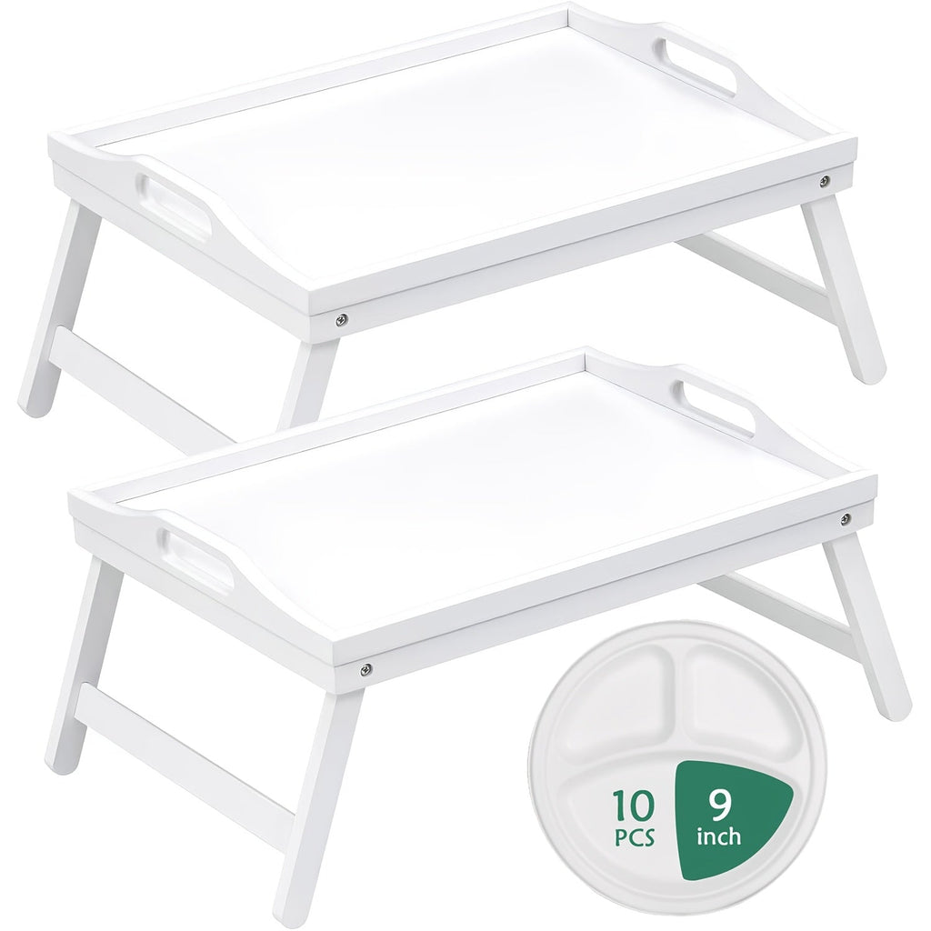Bamboo Bed Tray Table with Foldable Legs & Handles, Breakfast Tray for Eating, Working & Snacking in Bed ¡ª Food-Safe, Durable Lap Desk | White, Black, Natural Bamboo | 1 or 2 Pack