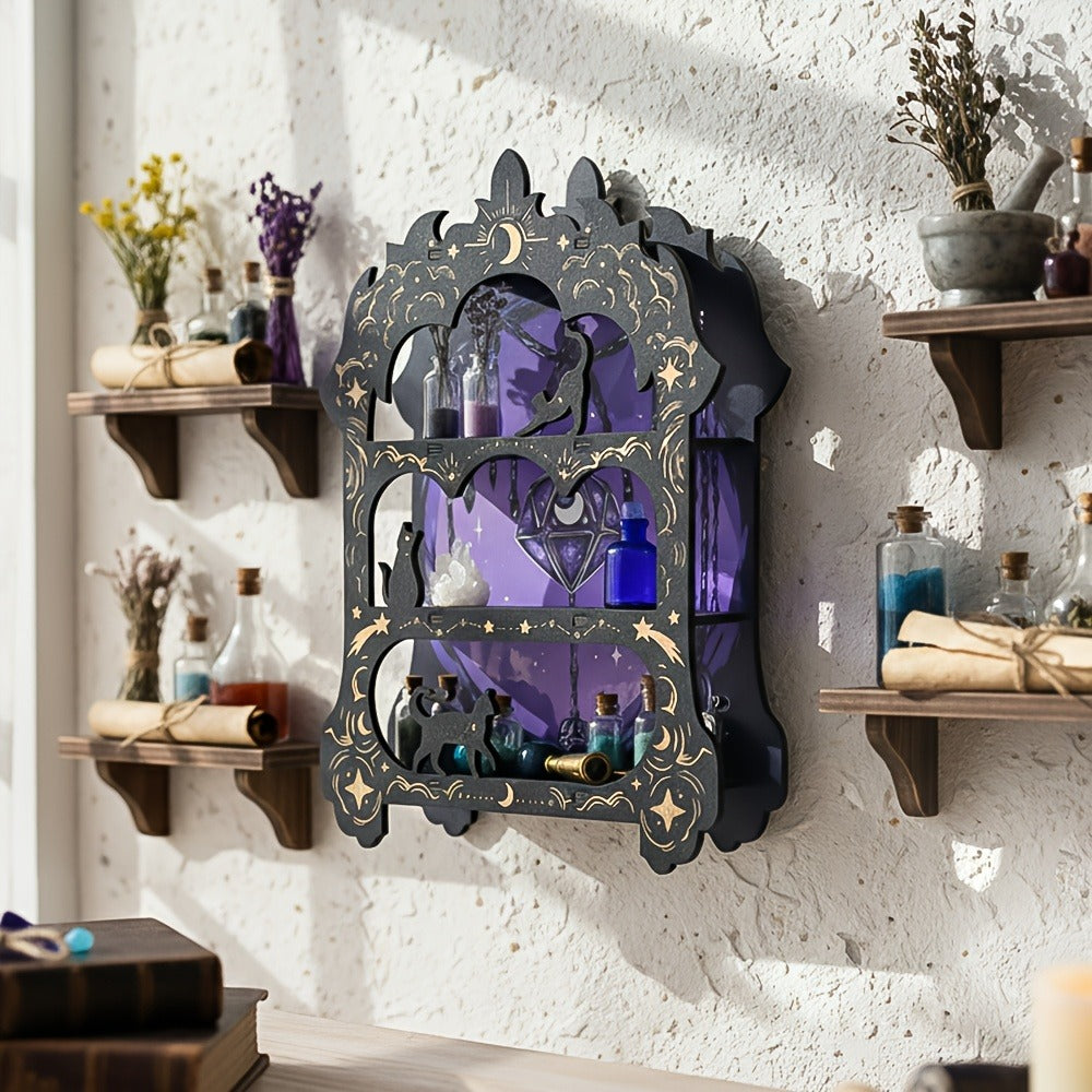 Wooden Floating Shelf for Crystals - Wall Mounted Crystal Display Shelf Rock Gem Stone Storage Organizer Essential Oil Holder Wicca Meditation Spiritual Home Decor Gift