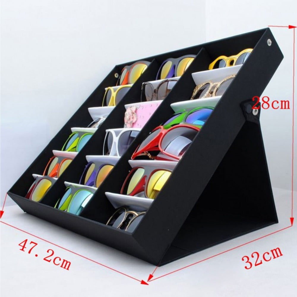 Eyeglass Organizer Box 18 Grid - Velvet Sunglasses Display Case with Foldable Cover, Scratch-Proof Storage for Glasses & Jewelry, Black or White