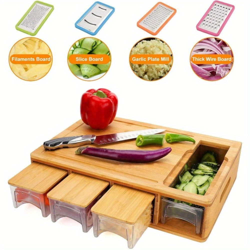 Bamboo Cutting Board with Trays & Drawers ¨C Large Butcher Block Chopping Board with Food Sliding Opening, Stackable Airtight Storage Trays & Bamboo Lids ¨C Kitchen Carving Board Gift for Home Cooks