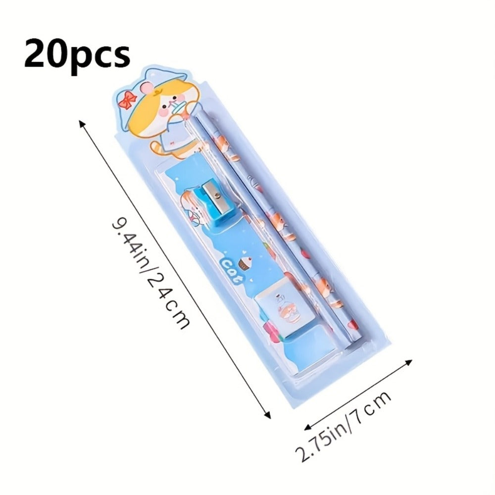 20-Piece Cartoon Pencil Stationery Set with Ruler Eraser Sharpener, Random Cartoon Styles, Kids School Supplies, Party Favor Prizes, Festival Gift Set for Students