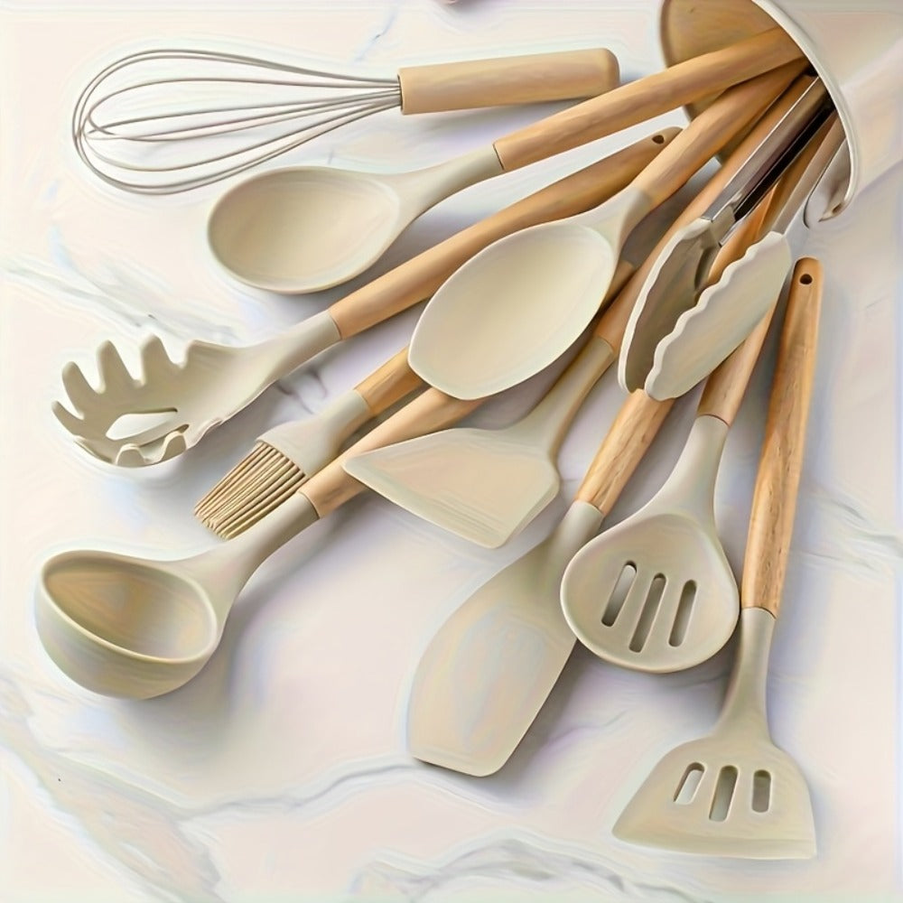 Silicone Kitchen Utensil Set 13 Piece with Wooden Handles Non-Stick Safe Heat Resistant Cooking Tools Spatula Spoon Ladle Set for Cooking Baking Dorm Essentials