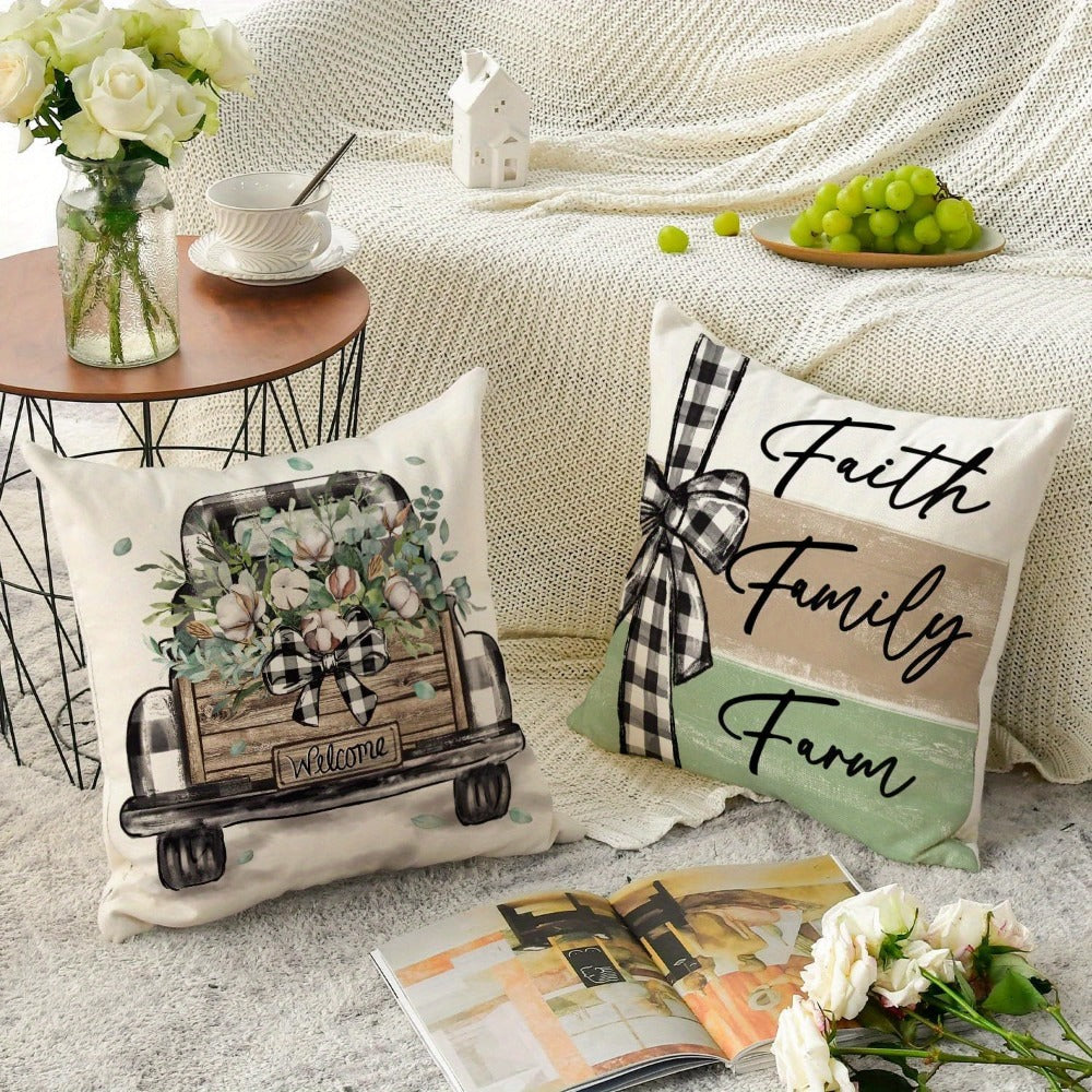 Farmhouse Throw Pillow Covers 4pcs Set Rustic Linen Eucalyptus Leaves Botanical Square Cushion Cases Decorative Pillow Covers for Living Room Bedroom Couch Sofa Home Party Decor Single-Sided Print No Insert