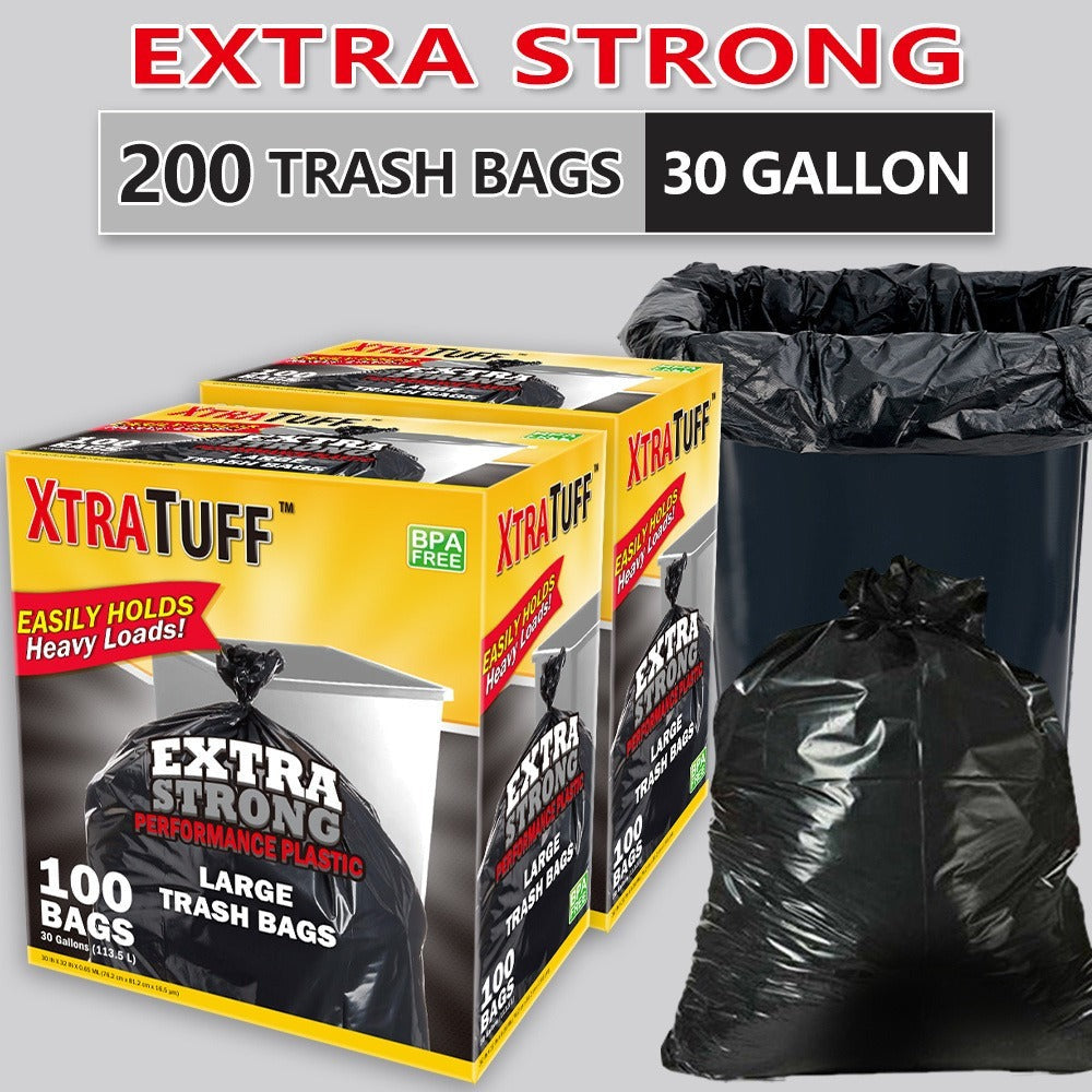 30 Gallon Trash Bags 200 Count ¨C Black Large Garbage Bags, Ultra Strong Leak-Proof, 113.5L Heavy Duty Bags for Kitchen, Industrial, Garden & Commercial Use, 4 Rolls / 2 Boxes Value Pack