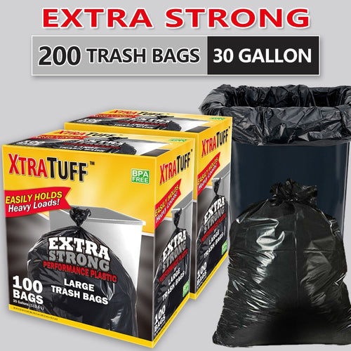30 Gallon Trash Bags 200 Count ¨C Black Large Garbage Bags, Ultra Strong Leak-Proof, 113.5L Heavy Duty Bags for Kitchen, Industrial, Garden & Commercial Use, 4 Rolls / 2 Boxes Value Pack