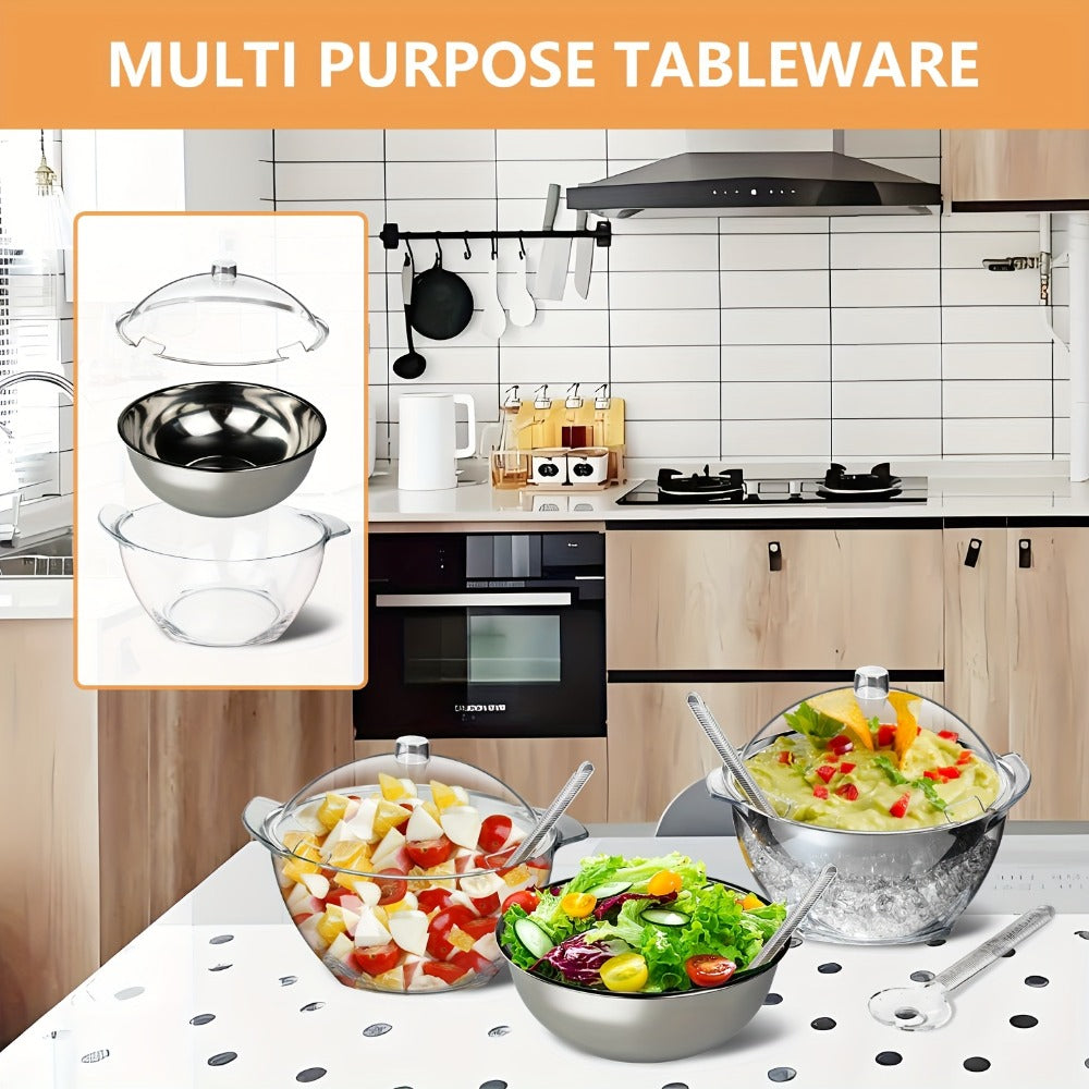 Stainless Steel Ice Chiller Salad Bowl with Lid and Serving Spoons ¨C Large Refrigerated Veggie Fruit Tray with Ice Chiller Base for Party Entertaining Buffet Outdoor Picnic Food Display