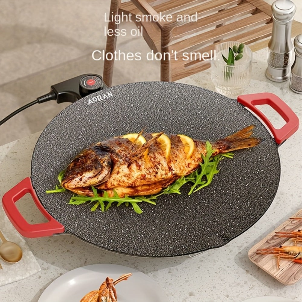 Korean BBQ Grill Pan ¨C Round Non-Stick Multi-Functional Electric Grill Pan with Red Handle & Adjustable Settings, Home & Outdoor BBQ Pot for Family Gatherings, Available in 14.17¡± & 15.75¡±